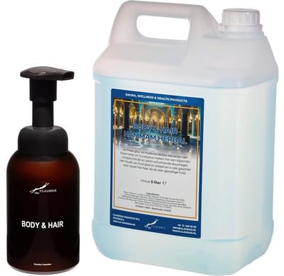 Zeepdispenser 300 ml amber bruin hervulbaar + 5 liter Body & Hair Hammam Herbal navulling