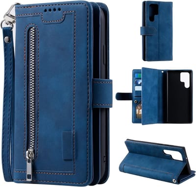 Hoesje geschikt voor Samsung Galaxy S24, flipcover, leren hoesje, rits, magnetische sluiting, portemonnee, 9 kaartsleuven, standaard, vintage, mat, leren hoesje, blauw