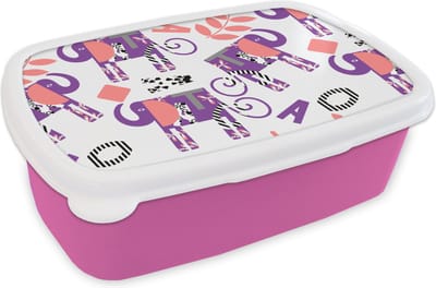 Broodtrommel Roze - Lunchbox - Brooddoos - Olifanten - Bladeren - Paars - Patroon - 18x12x6 cm - Kinderen - Meisje