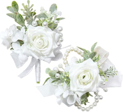 Corsage Boutonniere Set - Bloemen Accessoires - Feestelijke Decoratie - Verstelbare Parels - 13 x 8 cm - Wit