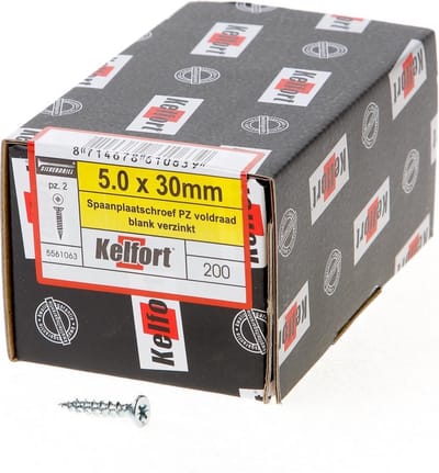 Kelfort Spaanplaatschroef platverzonken kop verzinkt pozidriv voldraad 5.0 x 30mm (Prijs per 200 stuks)