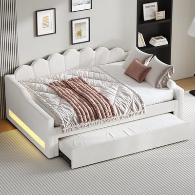 MODFU – Bedbank met Uitschuifbed en LED – 140x200 cm – Gestoffeerd Linnen – 7 Kleuren LED – Modern voor Logeerkamer – Beige
