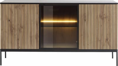 Vente-unique Buffetkast met 3 deurtjes met ledverlichting van MDF en gerookt glas - Zwart en naturel - OVILA