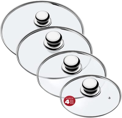 KADAX Pandekselset, universeel deksel van glas met handvat, hittebestendige dekselset in verschillende maten, pannendekselset, glazen deksel voor pot, pan (20 + 24 + 26 + 28 cm, metalen handvat)