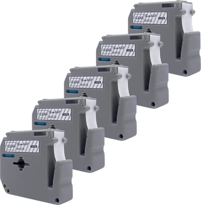 DULA Brother Compatible label tape- M-K131 - 5 cassettes - Brother P-Touch - Zwart op transparant - 12mm x 8m
