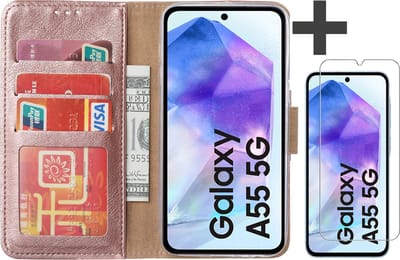 Hoesje met Screenprotector Geschikt voor Samsung Galaxy A55 – Arara bookcase met pasjeshouder - Rosegoud