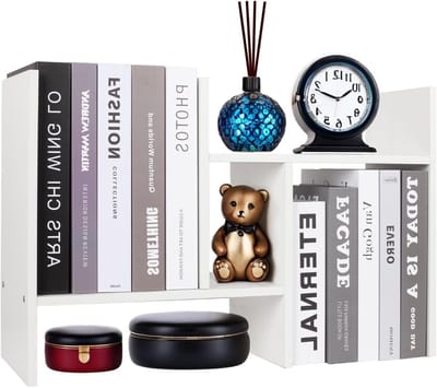 Verstelbaar houten boekenrek voor bureau, multifunctionele opbergoplossing, uitbreidbare displayplank voor boeken en decoratie, wit