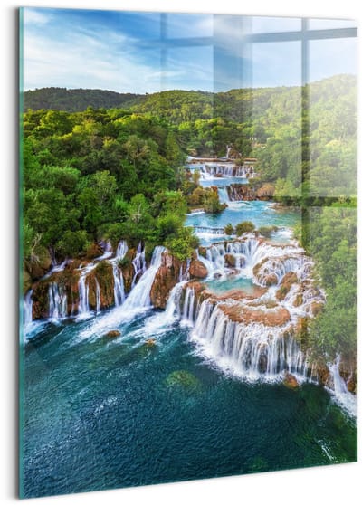Wallfluent Glasschilderij - Watervallen en de rivier Krka, Kroatië Schilderij Glas - 60x80 cm - Groente Verticale Muurschildering - Landschap Glas Foto - Glas Schilderij - Foto Glas