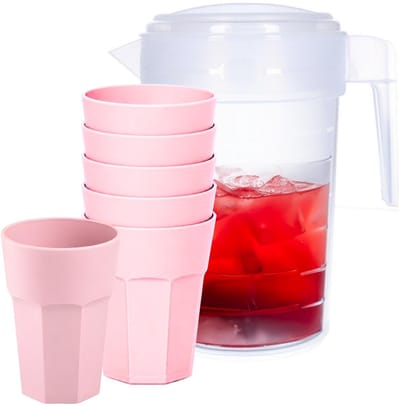 Plasticforte Waterkan van 2 Liter - transparant - kunststof - met 6x stuks onbreekbare drinkglazen - roze - 520 ml