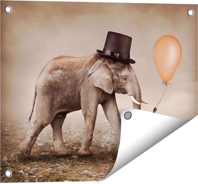 Gards Tuinposter Olifant met een Oranje Ballon - Hoedje - 50x40 cm - Tuindoek - Tuindecoratie - Wanddecoratie buiten - Tuinschilderij