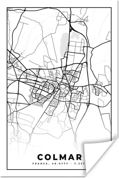 Poster Colmar - Stadskaart - Frankrijk - Kaart - Plattegrond - Zwart wit - 120x180 cm XXL