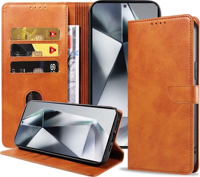Geschikt voor Samsung Galaxy S24 Ultra Telefoonhoesje Kunstleer met Magnetisch lipje en Pasjeshouder Book Case met Klepje - Bruin - Smartphonica geschikt voor Samsung Galaxy S24 Ultra