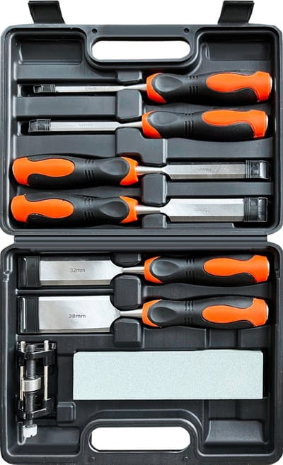 Complete 8-delige beitelset hout 6mm/12mm/19mm/25mm/32mm/38mm inclusief slijpsteen en geleider!