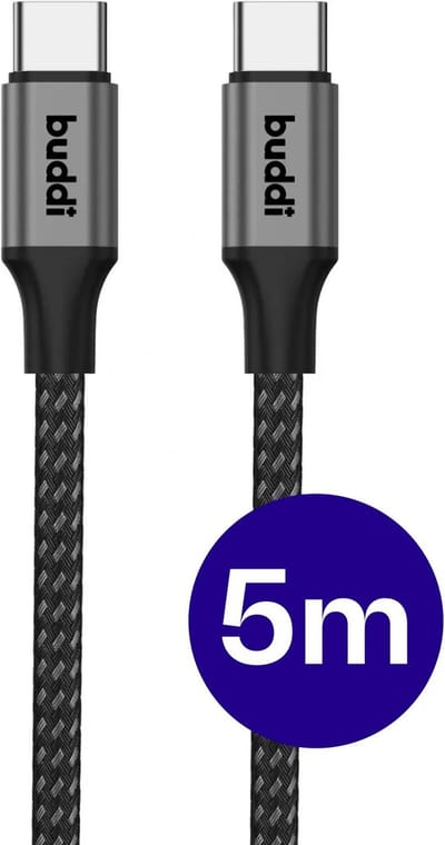 Buddi Flex - USB-C naar USB-C Kabel 60W Fast Charge 20V/3A - Power Delivery - 480Mbps Dataoverdracht - Gevlochten Nylon - 5M - 5 Meter - Lange kabel - Zwart