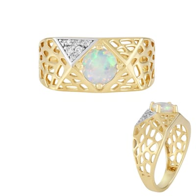 Cavill - Vergulde Zilveren Ring met AAA Welo-opaal 0,54 ct Rond - Cambodjaanse Zirkonia - Elegante Geometrische Openwerk - Multicolor Opaal Sieraad