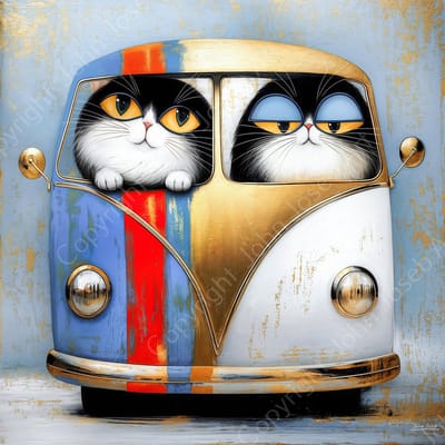 John Joseb Art (Aluminium) 100x100 | Gekke grappige poezen in klassieke auto bus, vierkant, humor, kunst, poes, kat, dier, blauw, goud, rood, modern | foto-schilderij op dibond, metaal wanddecoratie