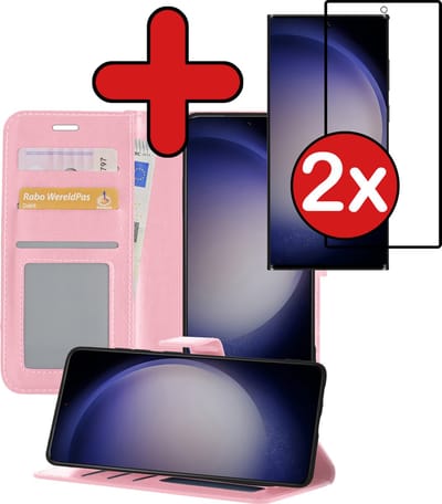 Hoesje - Met 2x Screenprotector - Geschikt voor Samsung Galaxy S23 Ultra - Luxe Pasjeshouder - Flip Case - Bookcase Portemonee - Kunstleer Book Case - Flipcase Hoes - Book Cover - Walletcase - Portemonneehoes - Telefoonhoes - Lichtroze