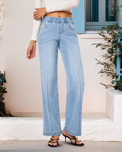 Dames Baggy Jeans met Elastische Taille - Hoge Taille & Wijde Pijpen