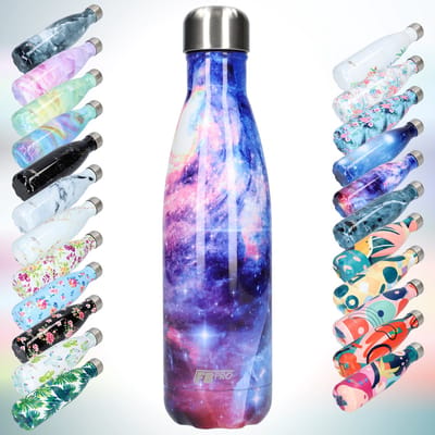 FBFS88, Thermosfles, Drinkfles, Waterfles - Modern & Slank Design - Thermos Fles voor de Warme en Koude Dagen - Dubbelwandig - Robuuste Thermoskan - 500ml - Galaxy Purple - Sterrenhemel Paars