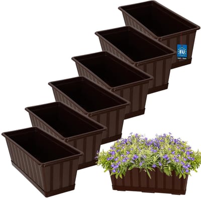 KOTARBAU® 6 st Balkonbak, Bloembak voor Balkon, Kunststof, 40 x 18 x 14 cm, Plantenbak, Bruin, Plantenbak Balkon, met Schotel, Rechthoekig