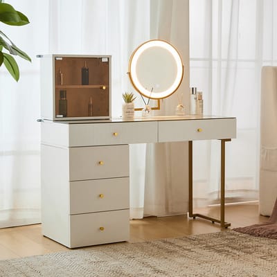 Pugsdrly Kaptafel met LED-verlichte spiegel, transparant blad van gehard glas, kaptafel en kast, elegante meubels, wit, afmetingen: 120 x 45 x 115 cm (zonder kruk)