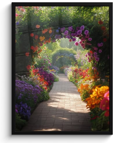 Poster in lijst - Fotolijst 50x70 cm - Posters - Doorkijk - Pad - Bloemen - Struik - Kleurrijk - Posterlijst zwart - Decoratie - Wanddecoratie woonkamer - Muurdecoratie slaapkamer