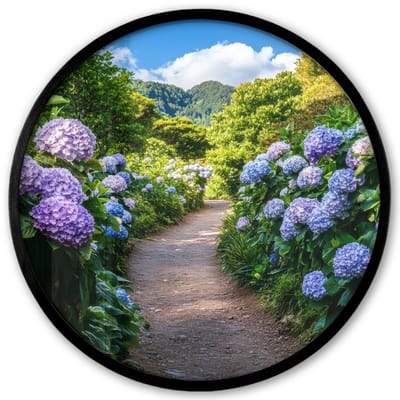 Poster in lijst Rond - Fotolijst 40x40 cm - Posters - Hortsensia - Pad - Bloemen - Ronde posterlijst zwart - Decoratie - Wanddecoratie woonkamer - Muurdecoratie slaapkamer