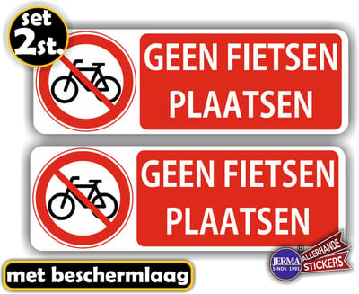Jerma - Hier geen fietsen plaatsen - Sticker - set 2 st - 8 x 25 cm - Vinyl - Krasvrij - Zelfklevend