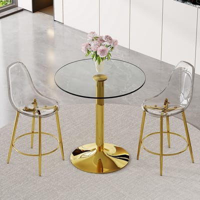 MIVRAY Barset 89 cm - Ronde Glazen Bartafel met 2 Transparante Barkrukken - Voor Keuken en Lounge - Metaal Goudkleurig
