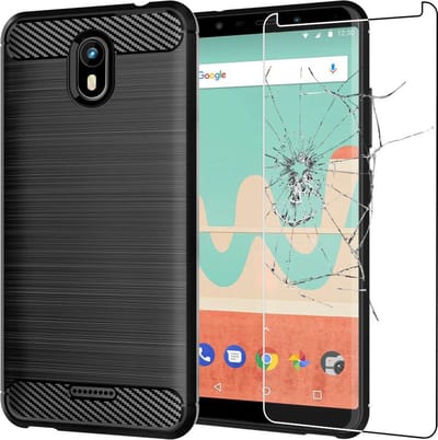 ebestStar - Hoes geschikt voor Wiko View Go, TPU Bescherming Cover, Koolstof Design Hoesje, Zwart + Gehard Glas