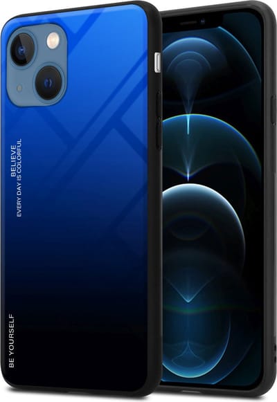 Cadorabo Hoesje geschikt voor Apple iPhone 13 MINI in BLAUW - ZWART - Tweekleurige beschermhoes van TPU-silicone Case Cover en achterzijde van gehard glas