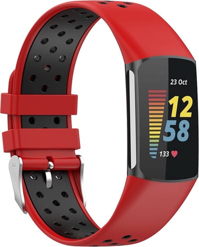 By Qubix - Compatible Fitbit bandje - Geschikt voor Fitbit Charge 5 - Fitbit Charge 6 Sportbandje met gesp - Rood / zwart - Tweekleurig - Maat: L - Horlogeband - smartwatchbandje