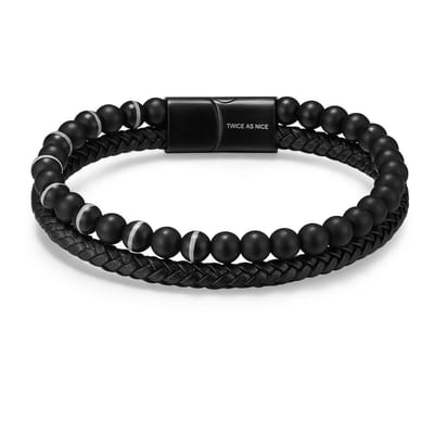 Twice As Nice Armband in edelstaal, mix van leer en zwarte agaat Zwart 21cm