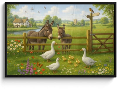 Poster in lijst - Fotolijst 120x80 cm - Posters - Ezels - Ganzen - Kleurrijk - Posterlijst zwart - Decoratie - Wanddecoratie woonkamer - Muurdecoratie slaapkamer