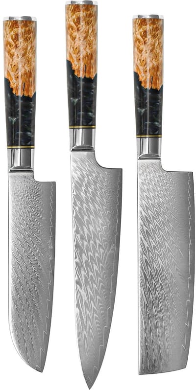 Shinrai Knives - Epoxy Onyx 3-delige Damascus Messenset - Koksmes + Nakiri + Santoku