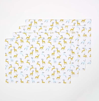 Homescapes Kerstplacemat Majestic Hert Grijs Geel Set van 4