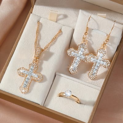 VANDAAG VERZONDEN - Set 4 STUKS - Ketting Ring Oorbellen - Kruis - Diamanten - Goud - Christelijk - Jezus - Sieraden