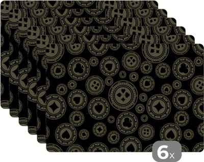 Placemat - Placemats kunststof - Casino - Poker - Chips - Patronen - 45x30 cm - 6 stuks - Hittebestendig - Anti-Slip - Onderlegger - Afneembaar