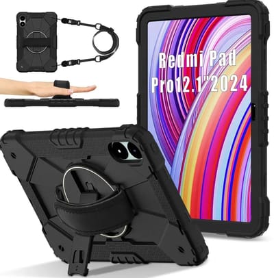 Hoes Geschikt voor Xiaomi Redmi Pad Pro / Poco Pad - Back Cover met Handriem - 360° Draaibare Kickstand Standaard - Beschermhoes Zwart