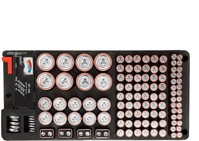 Batterij-organizerbehuizing met 116 stekkers – controleer je stroombestand, multi-batterijhouder met capaciteit voor desktop en kantoor, robuuste giterbox met digitale tester, | Per