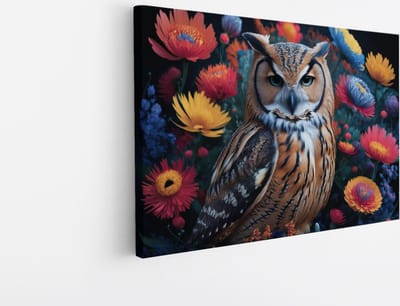Saammp Canvas Schilderij - Uil tussen kleurrijke bloemen - Abstract - Dieren - 30x20 - Foto op canvas - Wanddecoratie - muurdecoratie Woonkamer - Slaapkamer decoratie - Canvas Print