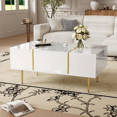 Moderne salontafel - Woonkamertafel - Opbergen en werken - In hoogte verstelbaar - 100 x 60 cm - Hoogglans wit