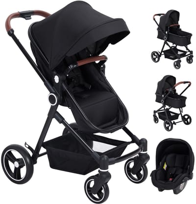 Kinderwagen 3 in 1 Compleet tot 26 kg, Combikinderwagen met Babystoel, Wieg en Sportwagenopzet, Inklapbare Kinderwagen met Verstelbare Ligpositie en Groot Uittrekbaar Zonnekapje