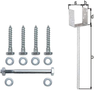 Paaldragerset U-vorm - Paalhouder Balkdrager - Palen Bevestigen - Extra Lange Betonankers - 101 x 100 x 400 mm - Verzinkt