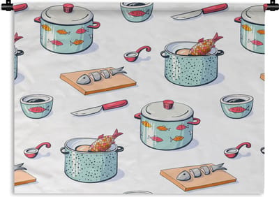 Wandkleed - Wanddoek - Patronen - Koken - Eten - Vis - Pan - 60x45 cm - Wandtapijt
