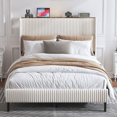Pugsdrly Bedframe 140*200 gestoffeerd platformbed met stoffen hoofdeinde, ontwerp met gebogen randen/antislip en geruisloos/metalen latten/zonder lattenbodem