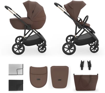 Kinderkraft PRIME 3 Kinderwagen - tot 22 kg vering tegen trillingen meshpaneel voor zomer ruime tas inbegrepen - Bruin
