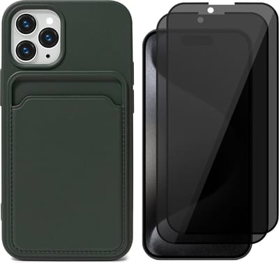 Hoesje Pasjeshouder geschikt voor iPhone 15 Pro - 2x Privacy Screenprotector FullGuard - Siliconen Case Back Cover Groen & Screen Protector