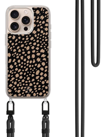 Hoesje met koord geschikt voor iPhone 16 Pro - Savannah spots - Inclusief zwart koord - Crossbody beschermhoes - Transparant, Zwart, Bruin - Mooie Telefoonhoesjes