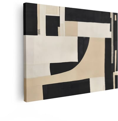 Artaza Canvas Schilderij Abstract - 80x60 cm - Wanddecoratie Japandi - Muurdecoratie Geometrisch - Decoratie Modern Beige - Zwart